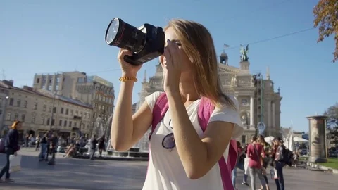 Tourist Girl Taking Photo Stock Footage
