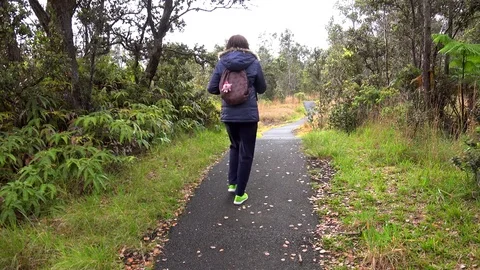 Tourist girl walk the Devastation Trail at Volcanoes NP. Big Island, Hawaii, USA Stock Footage