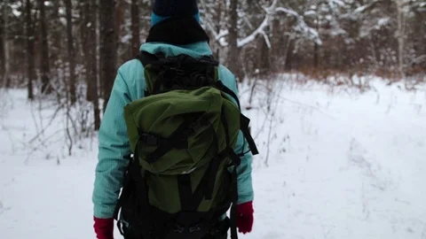 Tourist goes with a backpack from the back. A man in a jacket with a backpack in Stock Footage 100875298