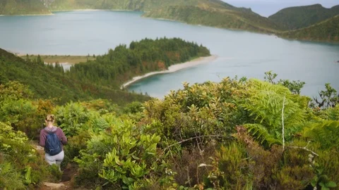 Tourist goes down a mountain path in dense vegetation with a beautiful view of Stock Footage 102145070