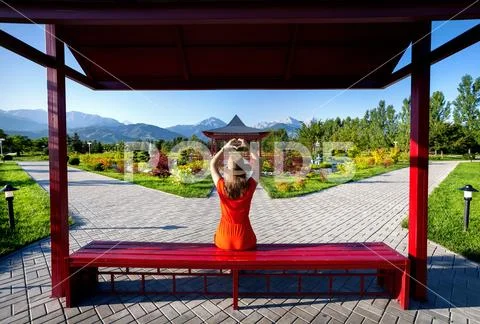 Tourist in Japanese pagoda Stock Photos
