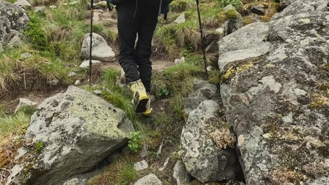 Tourist with a large backpack walks along a rocky mountain trail Stock-Footage 246293734