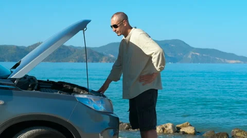 Tourist looking at broken car engine Stock Footage 309516551