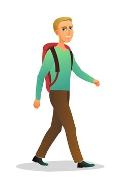 Tourist man with backpack. Goes down road. Boy traveler smiles. Goes on trip. Illustration