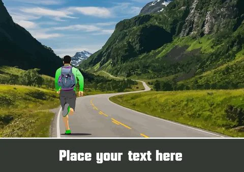 Tourist man with backpack running down the asphalt road in the mountains. 3d 스톡 일러스트