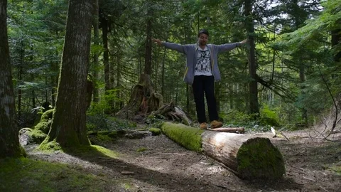 Tourist man balancing on fallen tree in the forest Stock Footage 82730635
