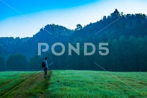 A tourist man looking to the Marienfels Viewpoint, Bohemian Switzerland, Stock Photos