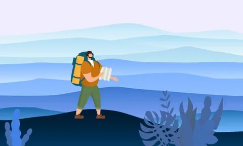 Tourist man with map and backpack performing outdoor touristic activity. Minimal Stock Illustration