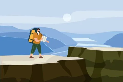 Tourist man with map and backpack performing outdoor touristic activity Stock Illustration