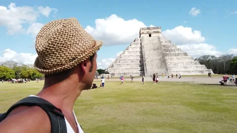 Tourist man visit Chichen Itza in Yucatan, Mexico Stock Footage 173189079