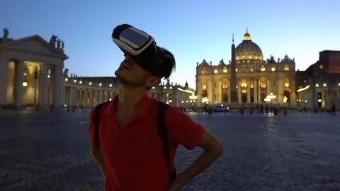 Tourist man in VR glasses standing in Vatican, St. Peter's basilica, Rome, Italy Stock-Footage 80307322