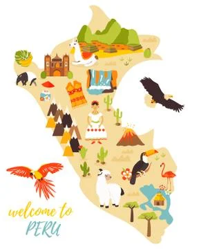 Tourist map of Peru with different landmarks Stock Illustration