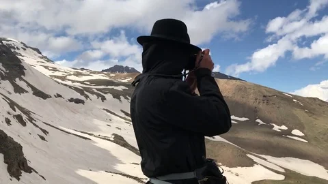 Tourist on Mount Aragats Armenia Stock Footage