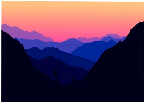 Tourist in the mountains at dawn Stock Illustration