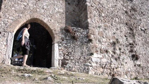 Tourist passing through the front gate open an old castle Stock Footage 91904138