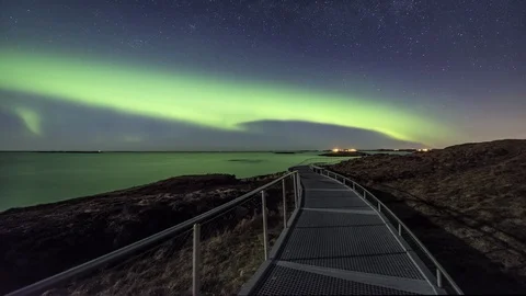 Tourist path eith Northern Lights Stock Footage 87974154