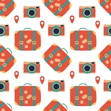 Tourist pattern. Seamless pattern with Red suitcase and camera. Trips tourism Stock Illustration