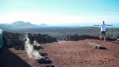 Tourist Posing Volcano Stock Footage 102123523