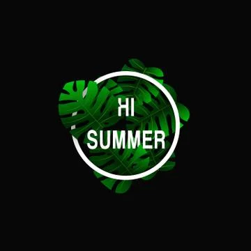 Tourist poster with a round frame with the text hi summer and realistic leave 스톡 일러스트