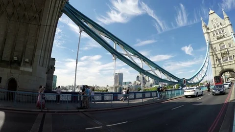 Tourist POV Panoramic view from Tower Bridge and traffic on the bridge, London Stock Footage 79508191