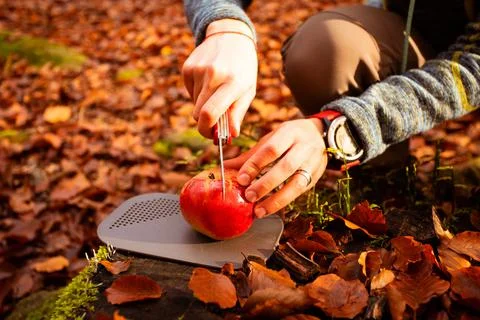 The tourist is preparing lunch using the tools for the hike Stock Photos