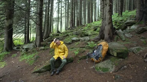 The tourist sat down to rest in the forest and then put on his backpack and left Stock Footage 214332558