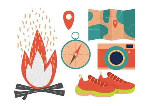 Tourist set. Compass, terrain map, sneakers, fire, camera isolated on white 스톡 일러스트