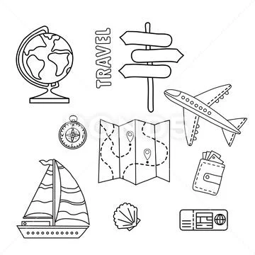 Tourist set. Travel set of doodles. Transport, map, globe and documents on a Stock Illustrationen