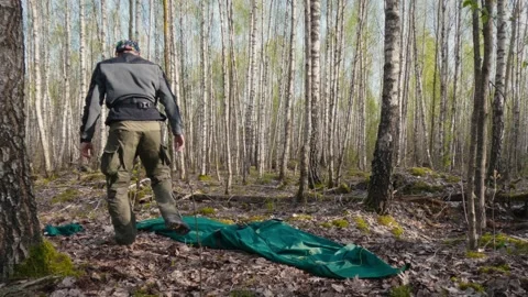 Tourist Setting Up a Tent in Spring Forest Morning Stock Footage 316303680