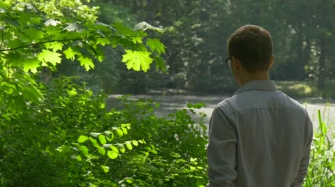 Tourist Standing Under the Maple Lush Bushes Resting in Park Looking Around Stock Footage 63810065