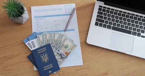 Tourist stuff with visa application, passport, money and tickets on wooden Stock Footage 233971132