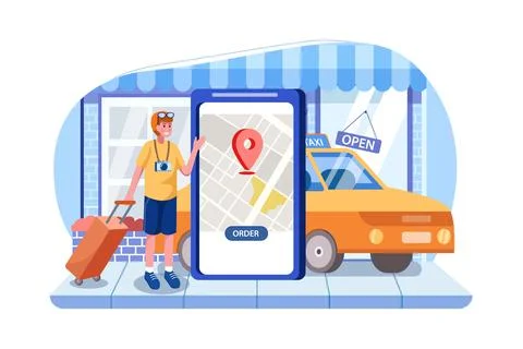 Tourist with a suitcase using a mobile ride hailing app to order a car, locat Illustrazione stock