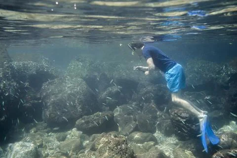 Tourist taking a selfie using go pro while snorkeling at Iboih, Pulau Weh Stock Photos