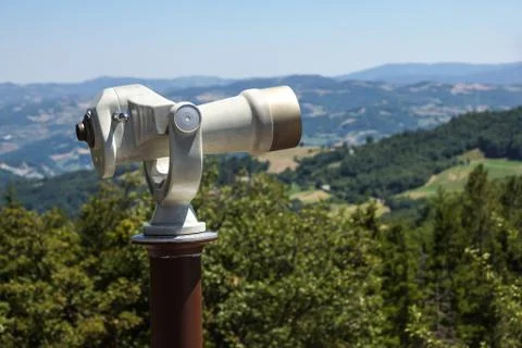 Tourist telescope for landscape exploring. Stock Photos