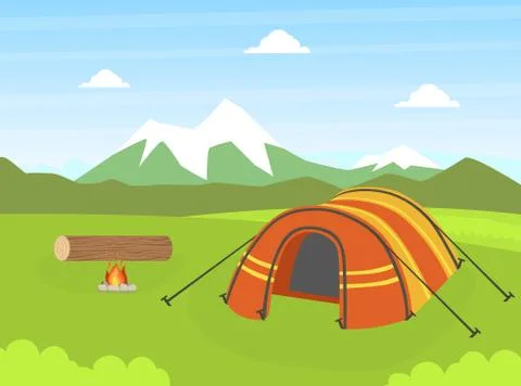 Tourist Tent on Natural Mountain Landscape, Summer Outdoor Activities Vector Stock Illustration