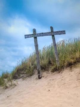Tourist trail wooden sign to Wydma Czolpinska - moving dune in the Slowins... Stock Photos