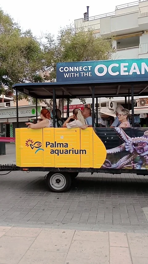 Tourist train with tourists in red circulating along the promenade of the b.. Stock Footage 286887310