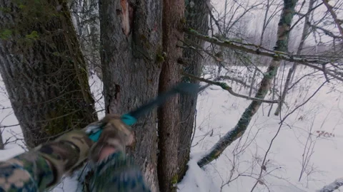 A tourist tries to knock down a tree with an axe and his feet in the forest. Stock Footage 322762976