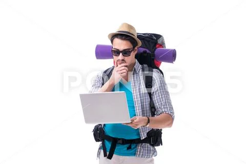 Tourist trying to find direction with laptop Stock Photos