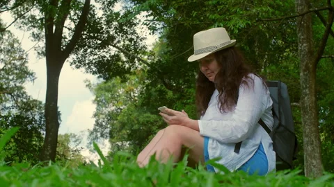 Tourist using smartphone sitting on grass in a park Stock Footage 315268214
