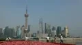 Tourist Visiting Shanghai Pedestrians Promenade Pudong Skyline and Skyscrapers HD Footage