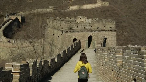 Tourist Walking Along Mutianyu Section of Great Wall in Beijing Mountains, China Stock Footage 345825882