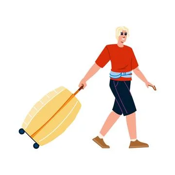 Tourist walking and pulling rolling suitcase on vacation Stock Illustration