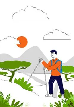 Tourist walking in forest. Man with backpack and sticks walks in forest. Journey Stock-Illustration
