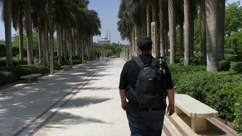 Tourist Walking Inside Al Azhar Park In Cairo, Egypt Stock Footage 157948011