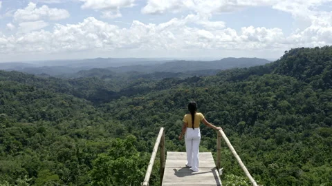 A tourist is walking over a viewpoint looking out over a tropical forest Stock Footage 169913939