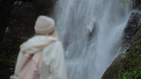Tourist, waterfall, cold weather Stock Footage 220937341