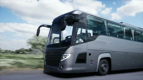 Touristic bus very fast driving on highway. Tourism, travel concept. Realistic Stock Footage 202103341