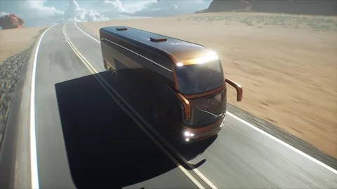 Touristic bus very fast driving on desert highway. Tourism, travel concept. Stock Footage 301414876