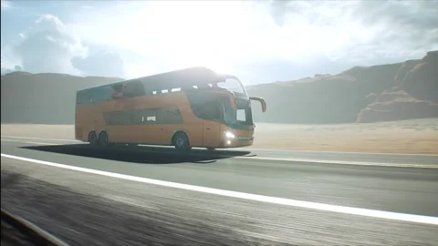Touristic bus very fast driving on desert highway. Tourism, travel concept. 库存影片 301414907